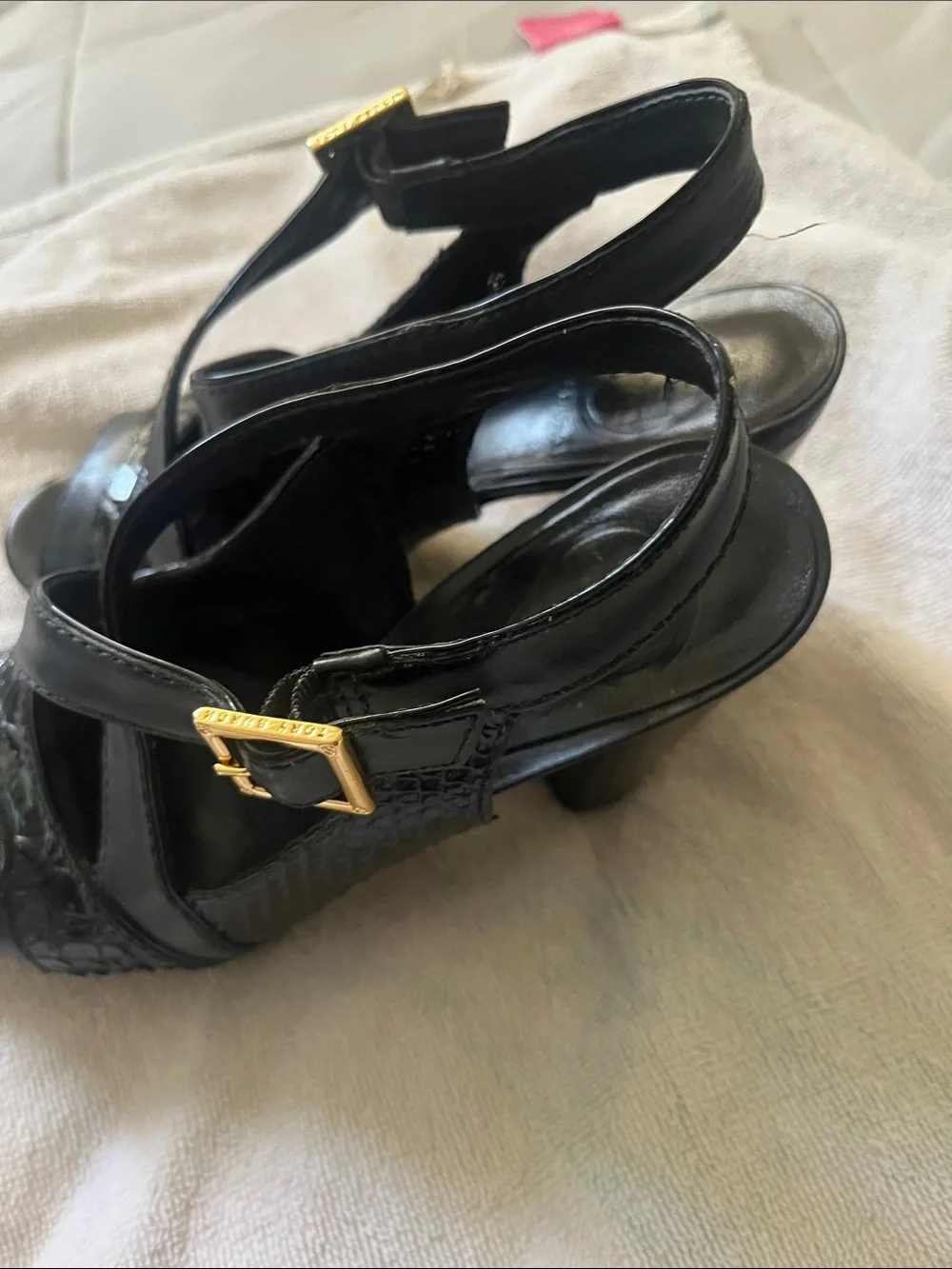 Tory Burch Black Leather Crisscross Slingback Heels with Gold Buckles